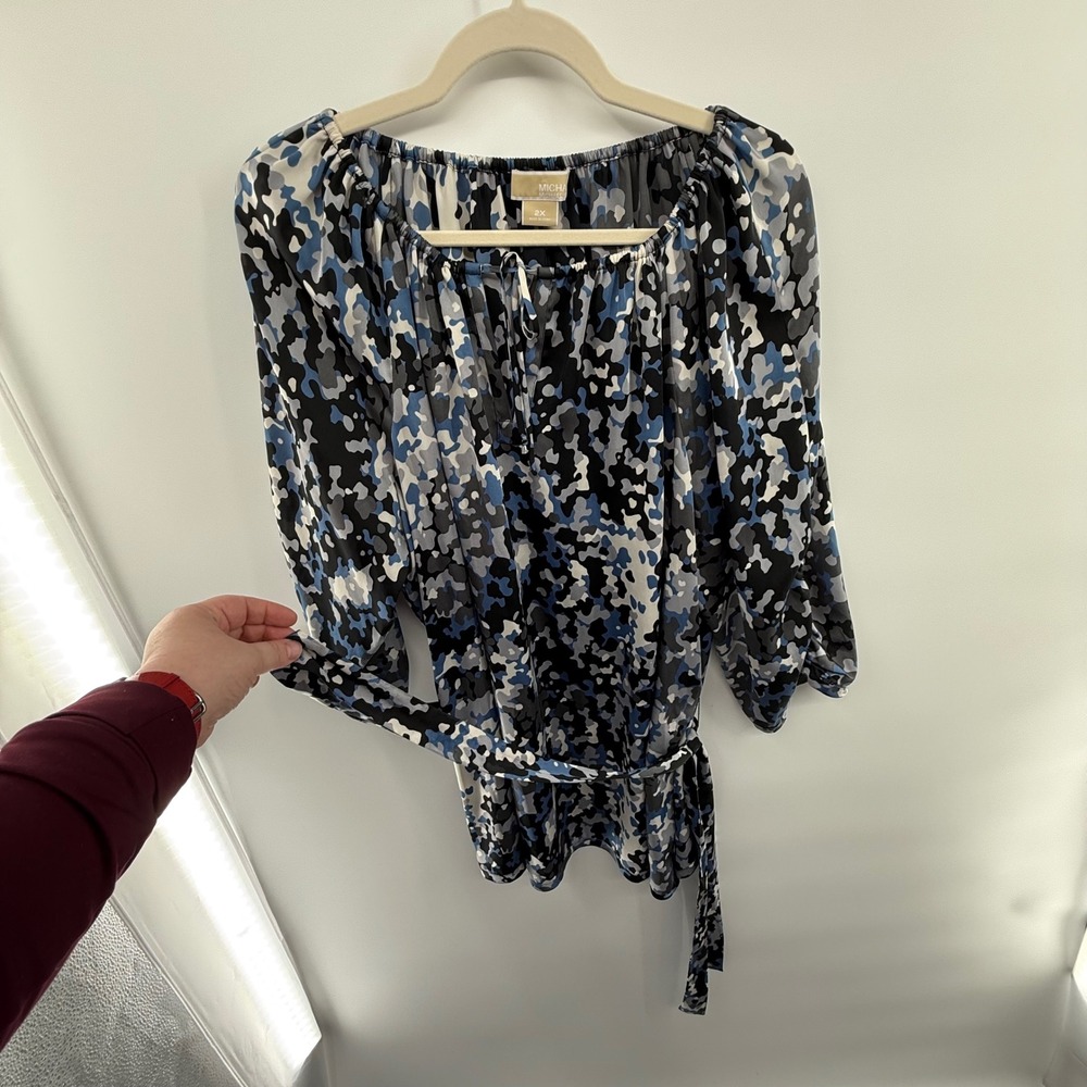 Michael Michael‎ Kors Abstract Print Peasant Blouse Size 2X Belted Top